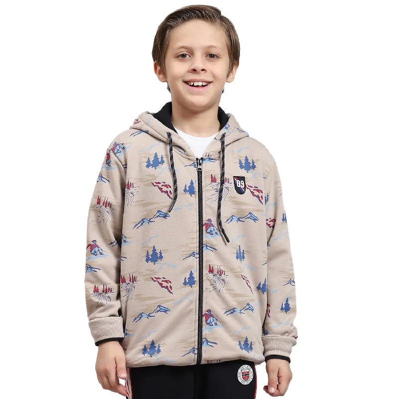 Boys Beige Printed Hooded Full Sleeve Sweatshirt