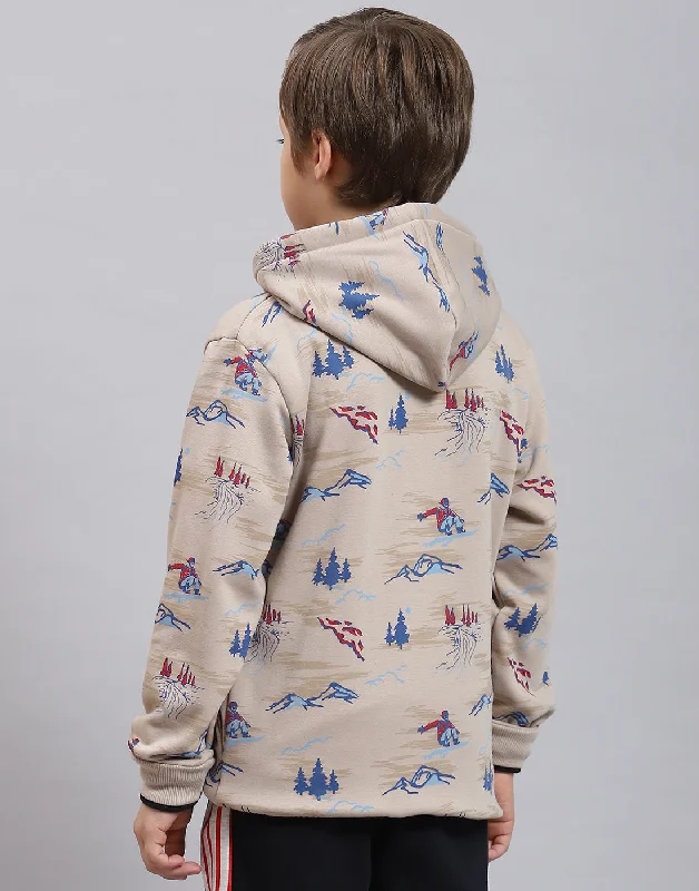 Boys Beige Printed Hooded Full Sleeve Sweatshirt