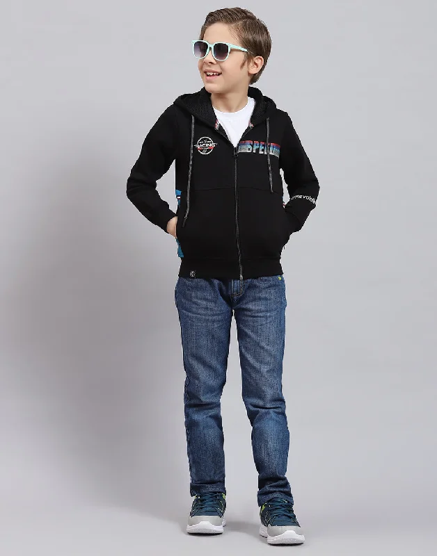 Boys Black Printed Hooded Full Sleeve Sweatshirt