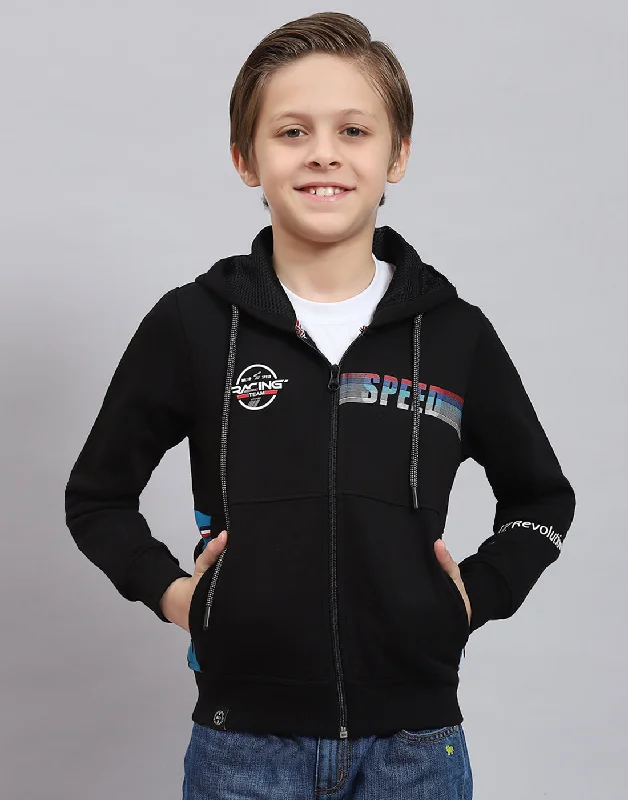 Boys Black Printed Hooded Full Sleeve Sweatshirt