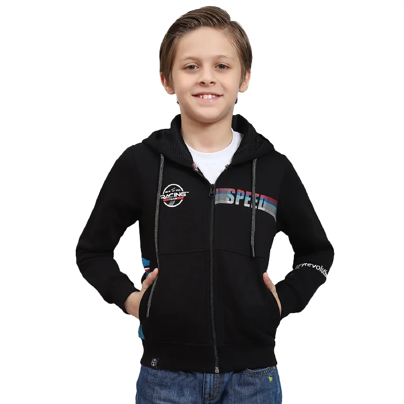 Boys Black Printed Hooded Full Sleeve Sweatshirt