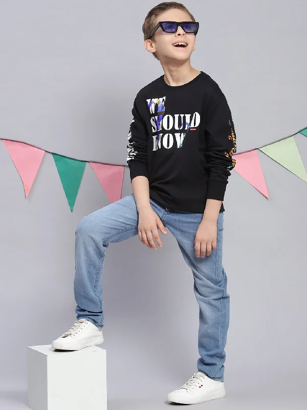 Boys Black Printed Round Neck Full Sleeve Sweatshirt