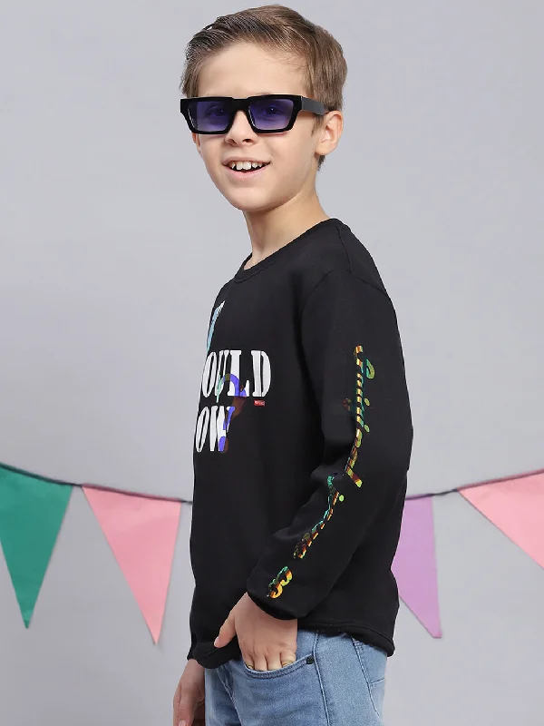 Boys Black Printed Round Neck Full Sleeve Sweatshirt