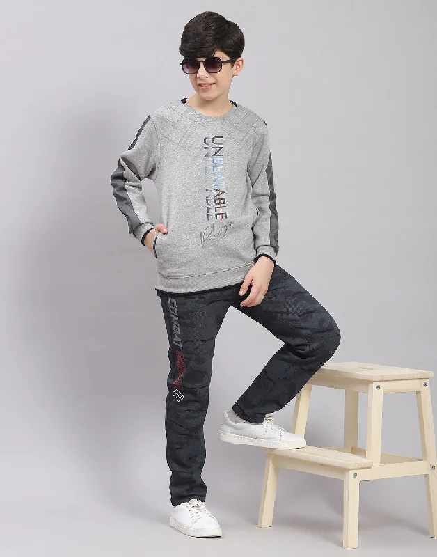 Boys Grey Melange Printed Round Neck Full Sleeve Sweatshirt