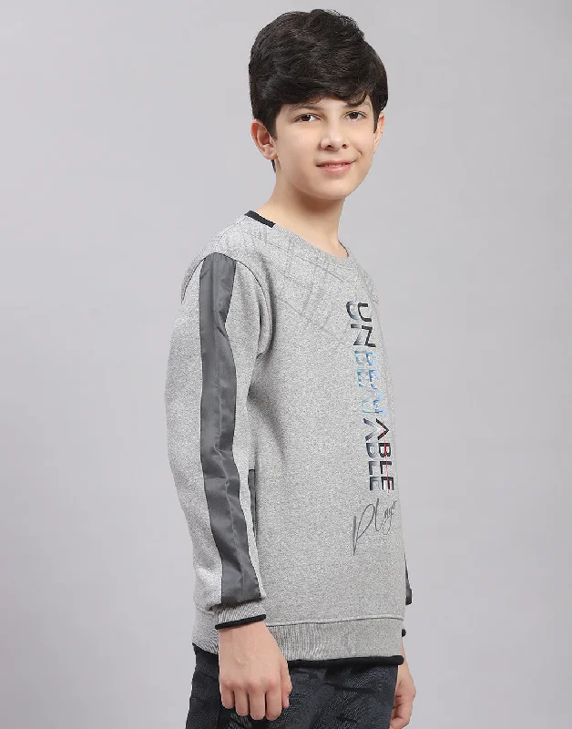 Boys Grey Melange Printed Round Neck Full Sleeve Sweatshirt