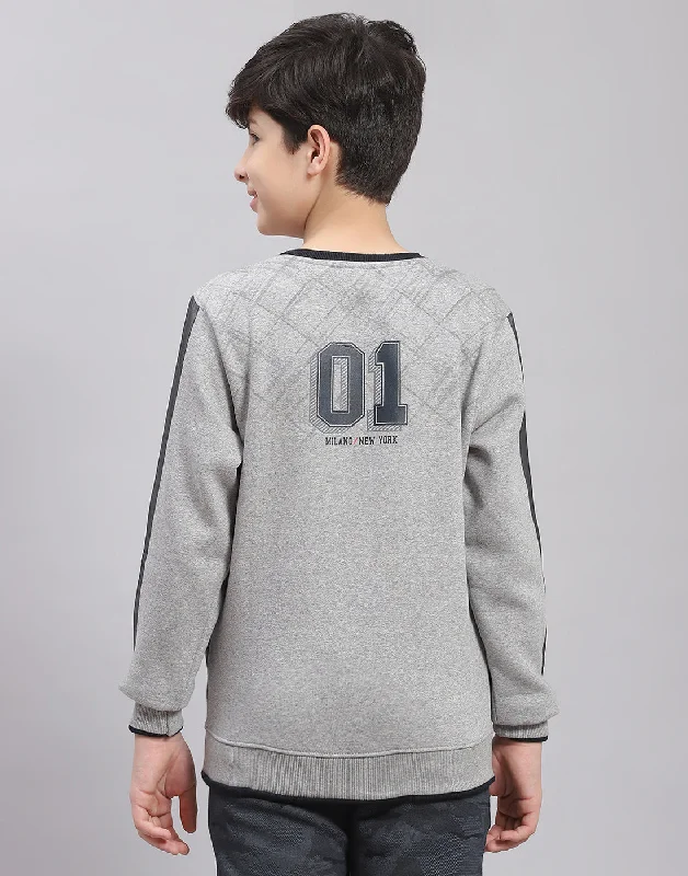 Boys Grey Melange Printed Round Neck Full Sleeve Sweatshirt