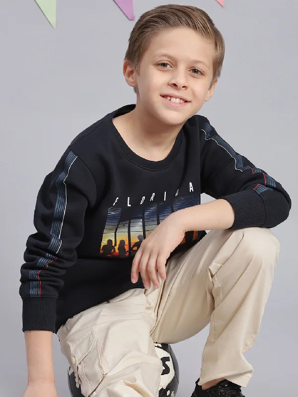 Boys Navy Blue Printed Round Neck Full Sleeve Sweatshirt