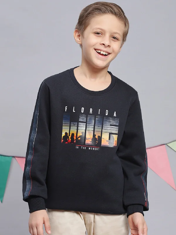 Boys Navy Blue Printed Round Neck Full Sleeve Sweatshirt