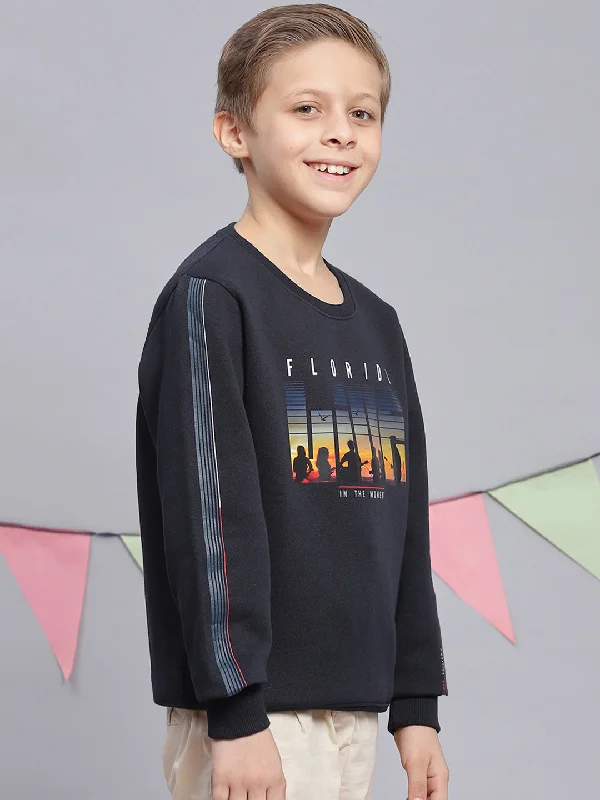 Boys Navy Blue Printed Round Neck Full Sleeve Sweatshirt