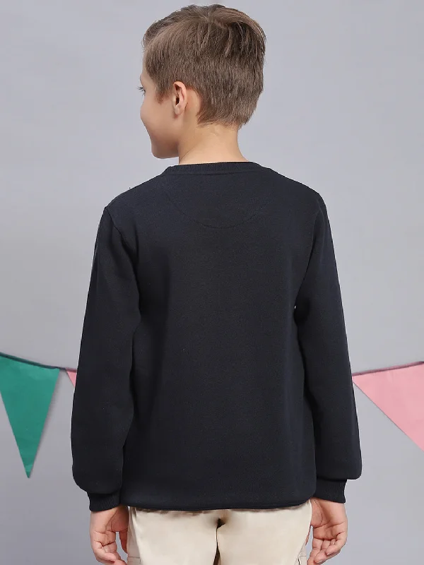 Boys Navy Blue Printed Round Neck Full Sleeve Sweatshirt