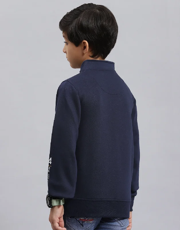 Boys Navy Blue Solid Stand Collar Full Sleeve Sweatshirt