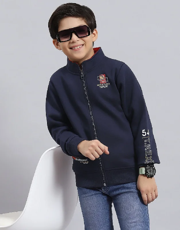 Boys Navy Blue Solid Stand Collar Full Sleeve Sweatshirt