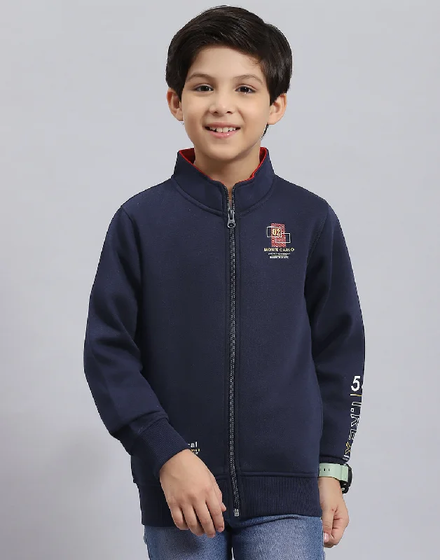 Boys Navy Blue Solid Stand Collar Full Sleeve Sweatshirt