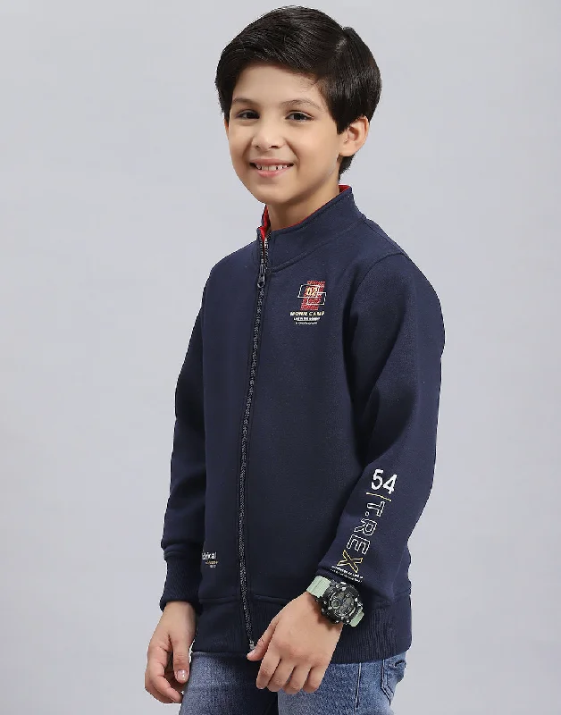 Boys Navy Blue Solid Stand Collar Full Sleeve Sweatshirt