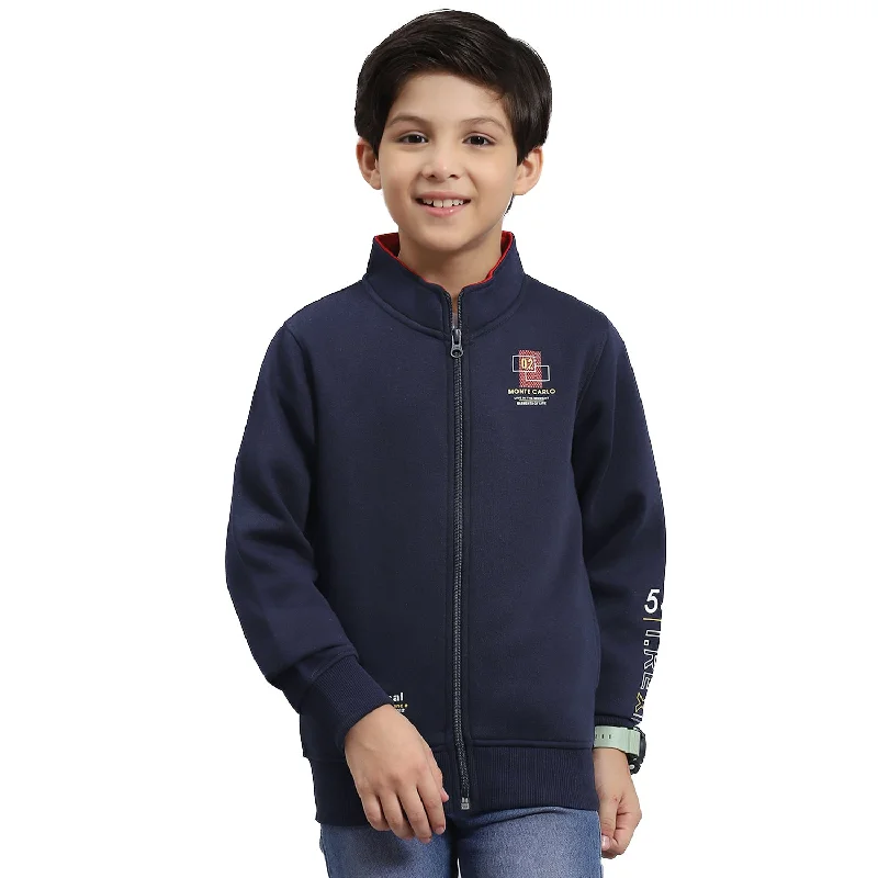 Boys Navy Blue Solid Stand Collar Full Sleeve Sweatshirt