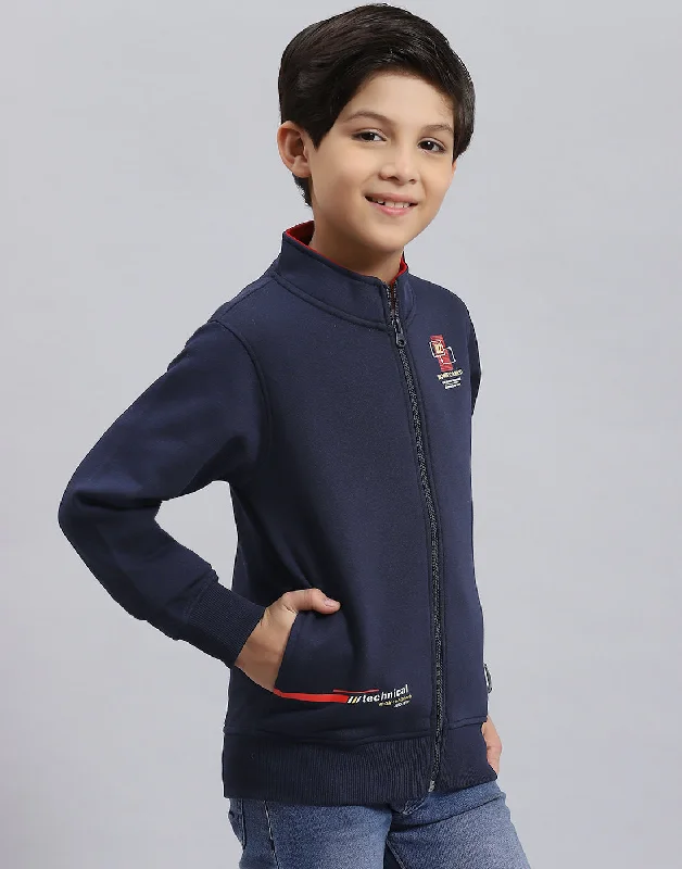 Boys Navy Blue Solid Stand Collar Full Sleeve Sweatshirt