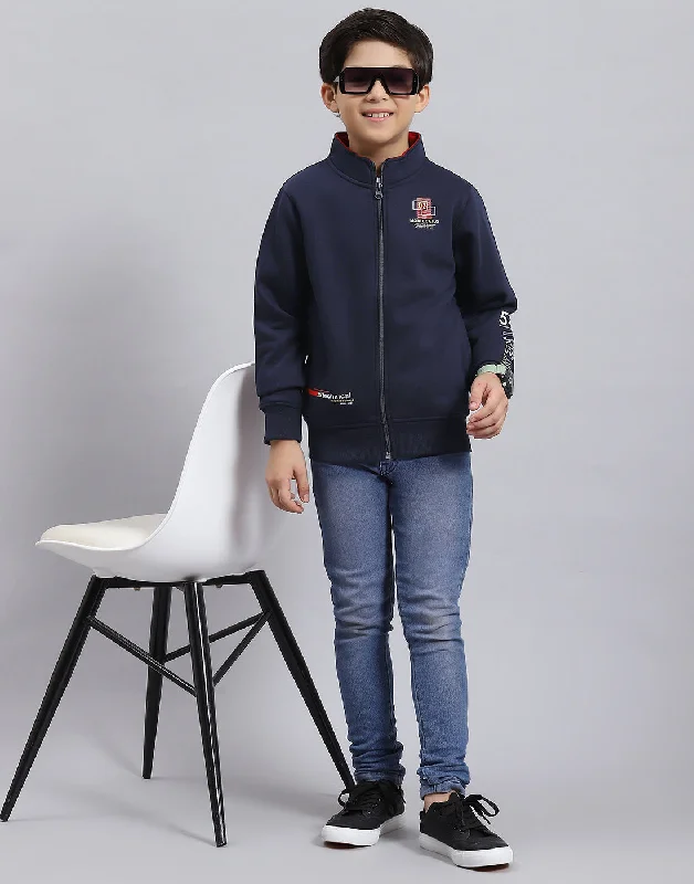 Boys Navy Blue Solid Stand Collar Full Sleeve Sweatshirt