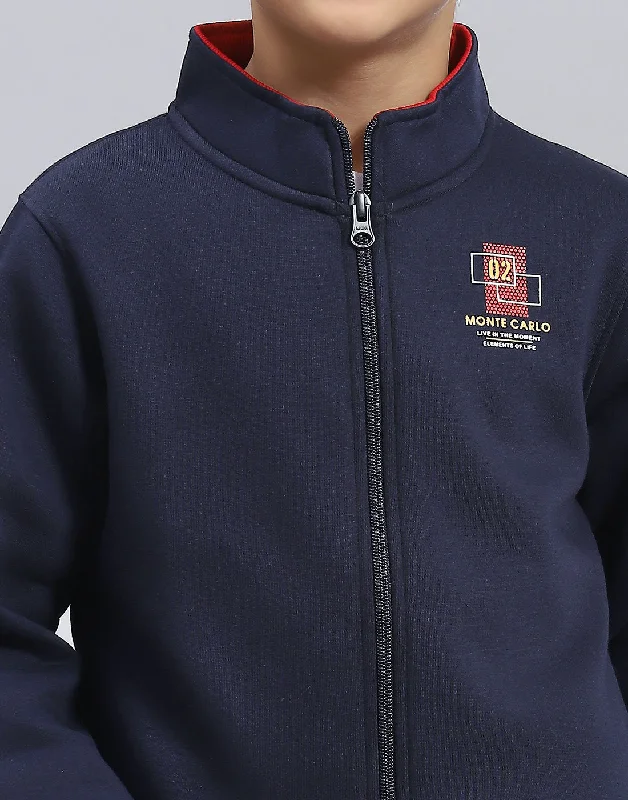 Boys Navy Blue Solid Stand Collar Full Sleeve Sweatshirt