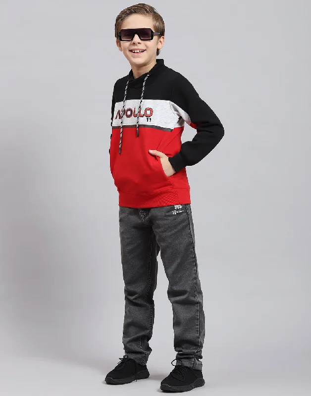 Boys Red Printed F Neck Full Sleeve Sweatshirt