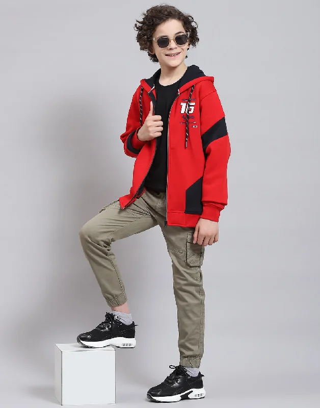 Boys Red Printed Hooded Full Sleeve Sweatshirt