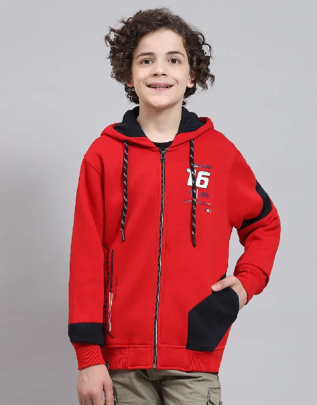 Boys Red Printed Hooded Full Sleeve Sweatshirt