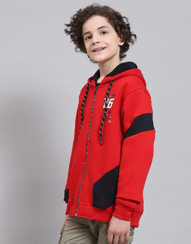 Boys Red Printed Hooded Full Sleeve Sweatshirt