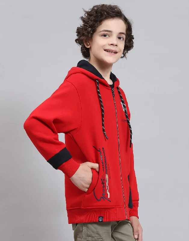 Boys Red Printed Hooded Full Sleeve Sweatshirt