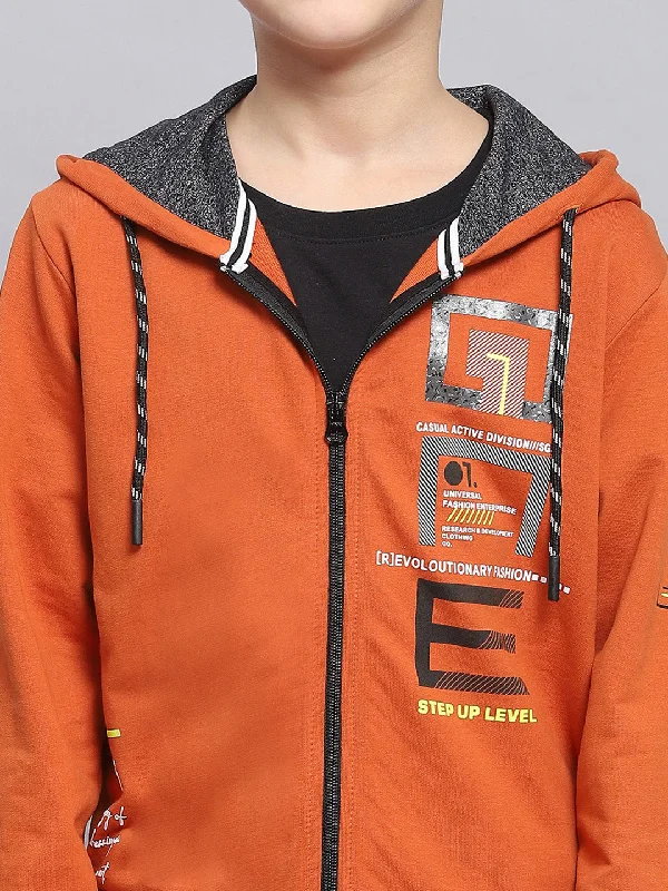 Boys Rust Printed Hooded Full Sleeve Sweatshirt