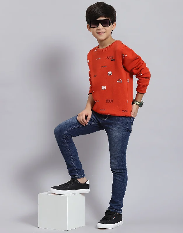 Boys Rust Printed Round Neck Full Sleeve Sweatshirt