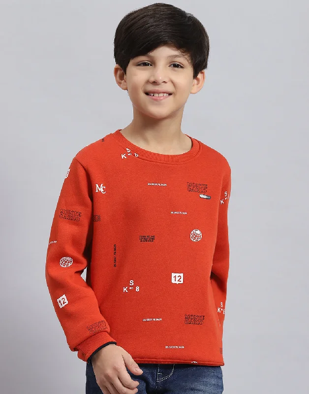 Boys Rust Printed Round Neck Full Sleeve Sweatshirt