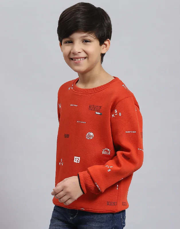 Boys Rust Printed Round Neck Full Sleeve Sweatshirt