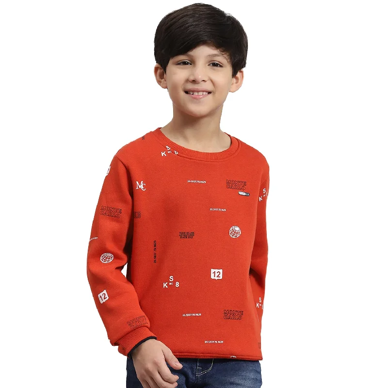 Boys Rust Printed Round Neck Full Sleeve Sweatshirt