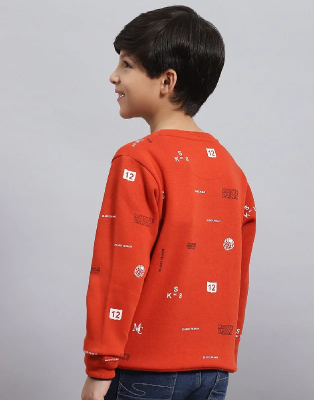 Boys Rust Printed Round Neck Full Sleeve Sweatshirt