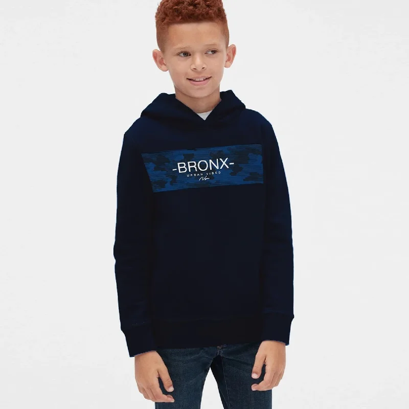 GO - Kids 'Navy' Premium Quality Bronx Slogan camo Fleece Hoodie GO697