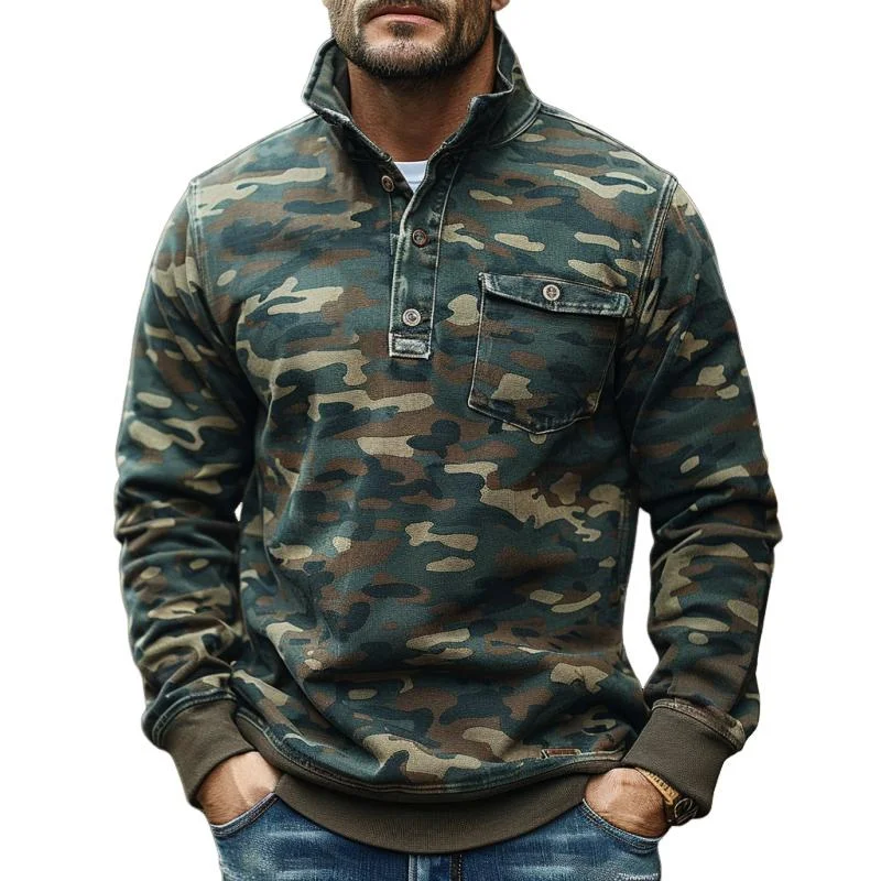 Men's Camouflage Print Chest Pocket Henley Collar Stand Collar Sweatshirt 38618151Y