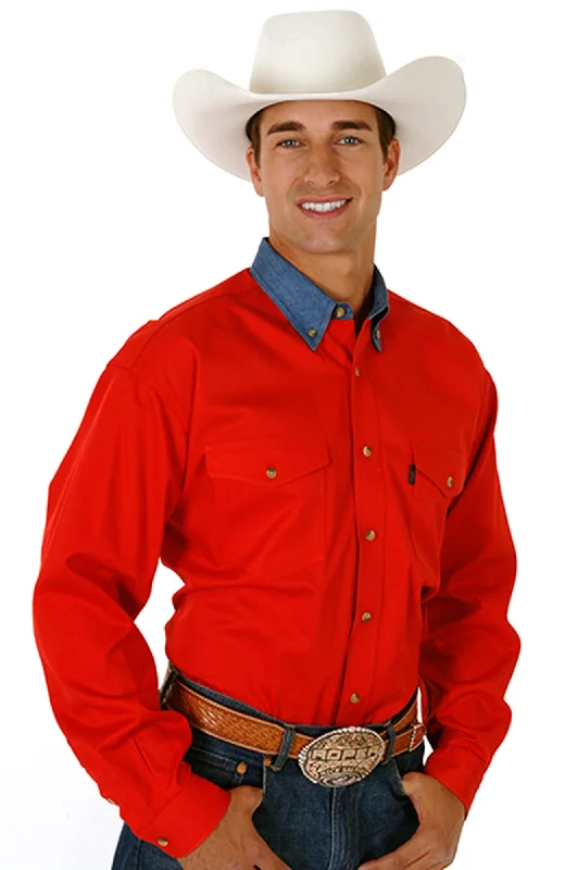 Roper Mens Basics Red 100% Cotton L/S Tall Denim Contrast Western Shirt