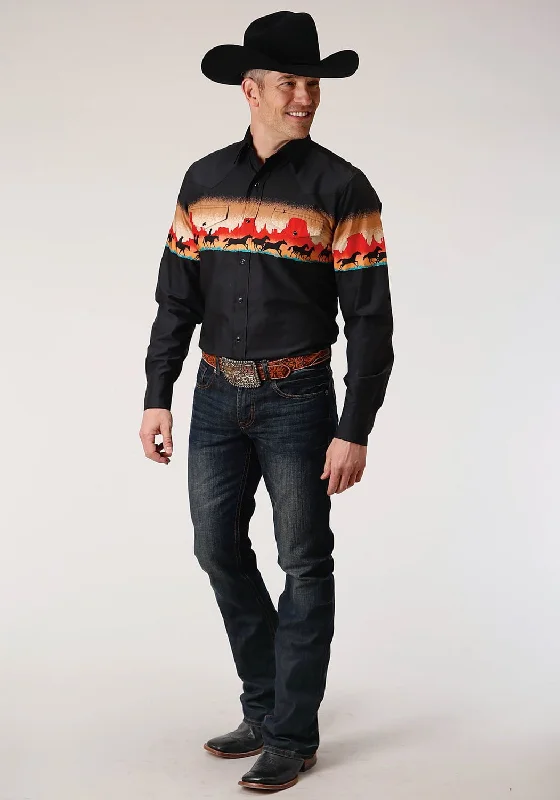 Roper Mens Black 100% Cotton Red Mesa Border L/S Snap Shirt