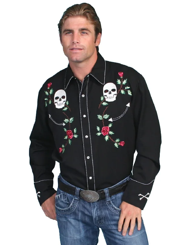 Scully Western Mens Black Polyester L/S Skull Roses Western Shirt