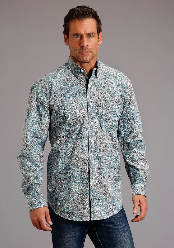 Stetson Mens Green 100% Cotton Denim Paisley BD L/S Shirt