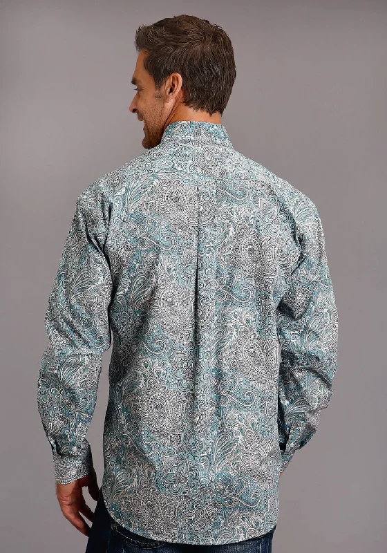 Stetson Mens Green 100% Cotton Denim Paisley BD L/S Shirt